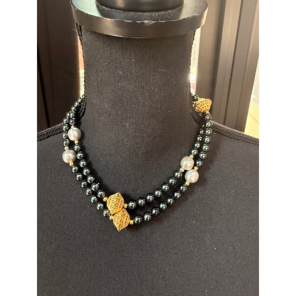 Vintage Napier Necklace Black Glass Faux‎ Pearl Gold Filigree Long